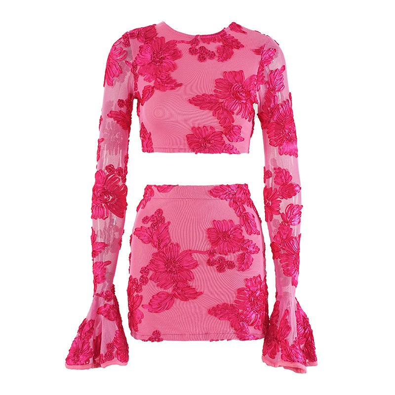 New Niche Two-Piece Small Fragrant Style Celebrity Lady Heavy Industry Embroidered Flower Backless T-Shirt Skirt Suit - Image 2